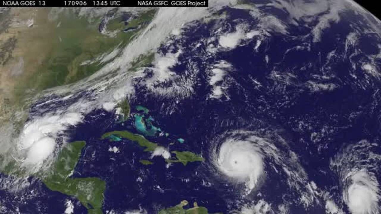 This satellite video shows Hurricanes Irma and Jose and Katia making