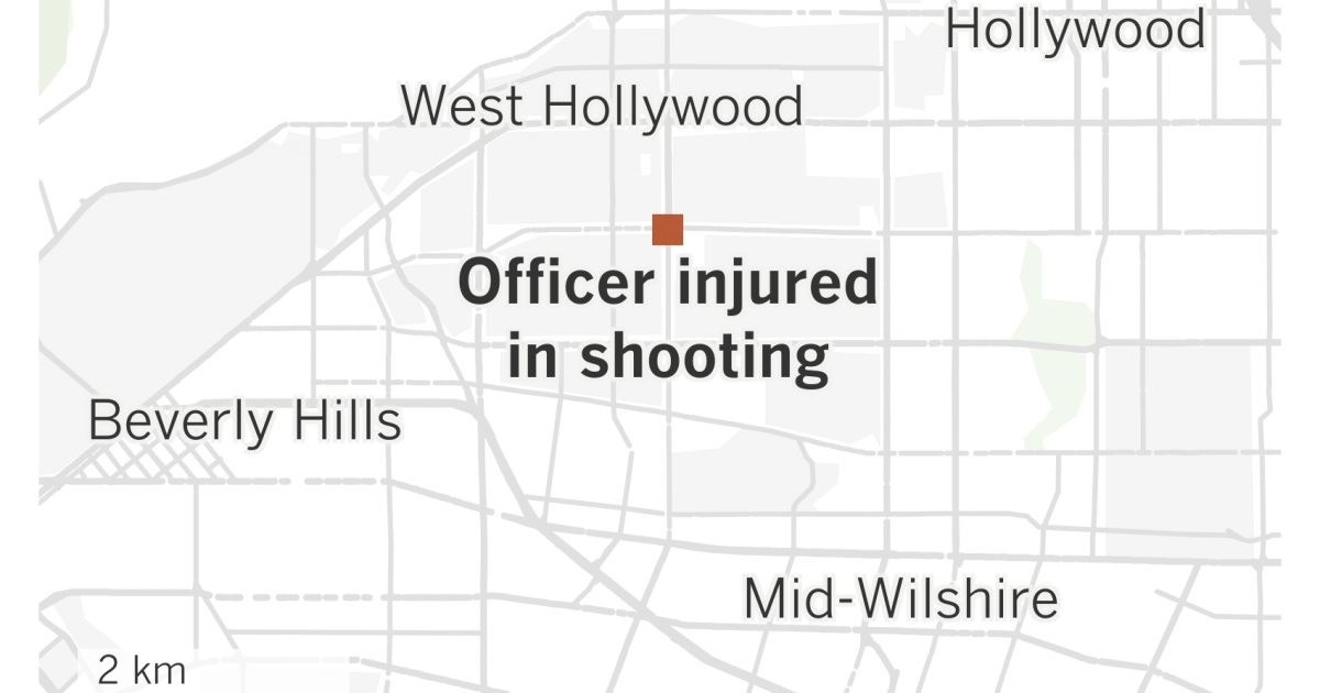 A map of central Los Angeles shows where an officer was wounded in a shooting in the Fairfax district