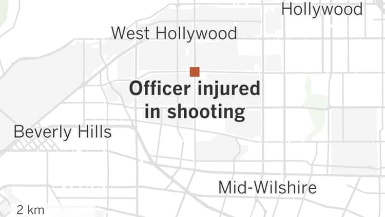 A map of central Los Angeles shows where an officer was wounded in a shooting in the Fairfax district